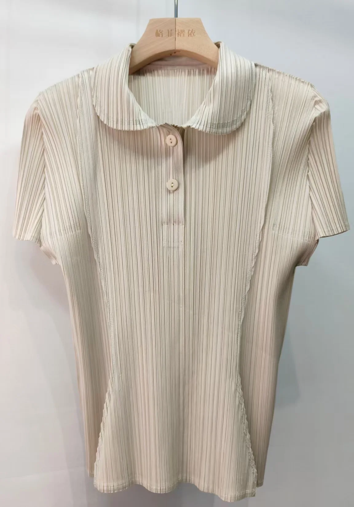 Miyake Pleated Polo Collar Button Down Short Sleeve Top