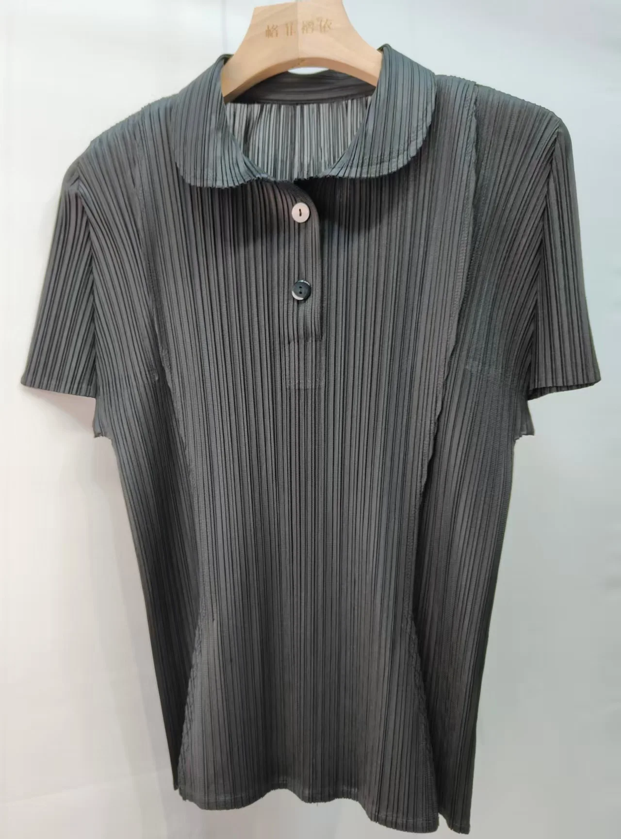 Miyake Pleated Polo Collar Button Down Short Sleeve Top