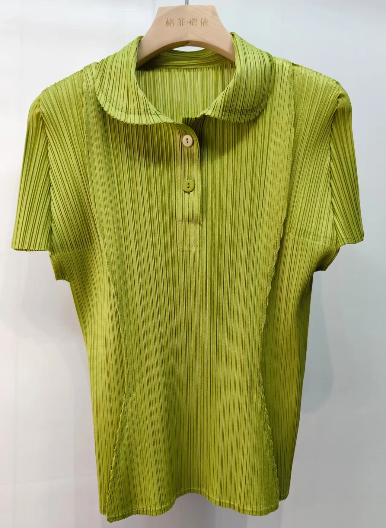 Miyake Pleated Polo Collar Button Down Short Sleeve Top