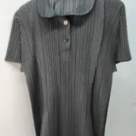 Miyake Pleated Polo Collar Button Down Short Sleeve Top