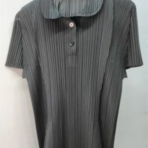 Miyake Pleated Polo Collar Button Down Short Sleeve Top
