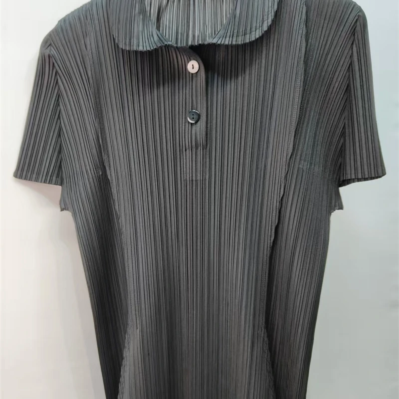 Miyake Pleated Polo Collar Button Down Short Sleeve Top